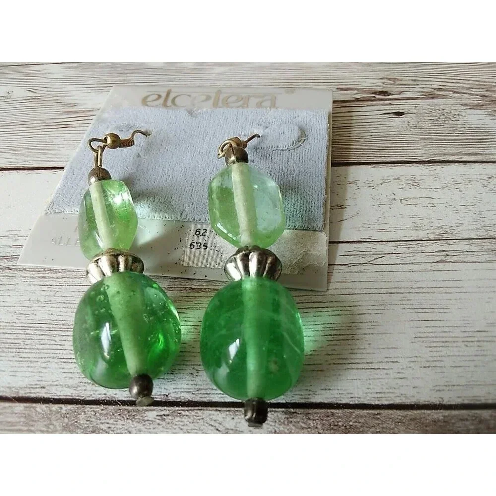 Vintage New Old Stock Etcetera Green Beaded Glass Earrings